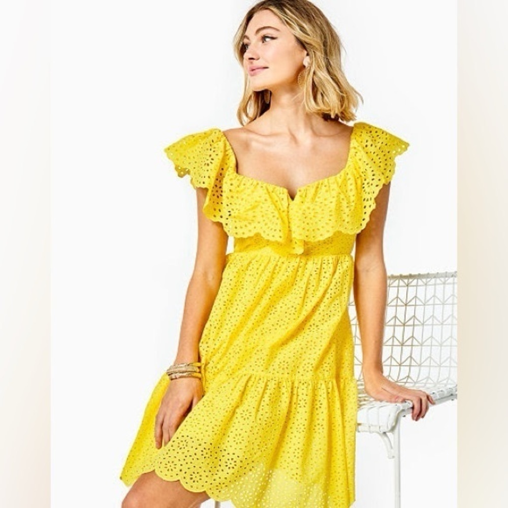 EUC Lilly Pulitzer “Asteria” yellow eyelet overlay flutter sleeve tiered dress
